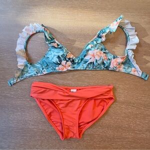 Seafolly Pacifico Ruffle Floral Bikini Set US 6 Coral Blue Beach Vacation GUC